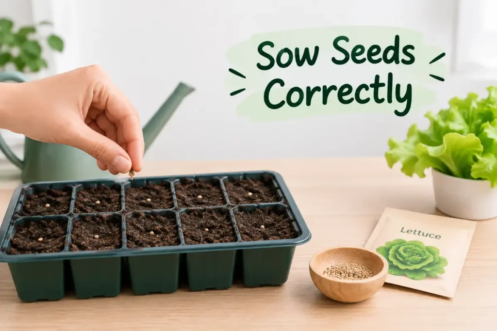 How to Grow Lettuce Indoors by sowing seeds correctly in a soil-filled seed tray.