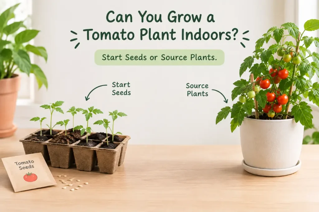 Indoor gardening guide showing how you can grow a tomato plant indoors by starting seeds or sourcing young plants.