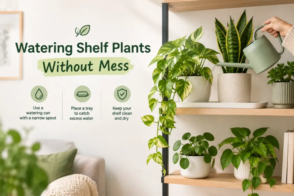 Watering shelf plants without spills among Indoor Plants on a Shelf in a clean, minimalist indoor space.
