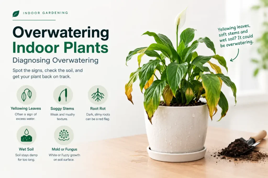 Overwatering Indoor Plants: signs and symptoms to help diagnose overwatering.
