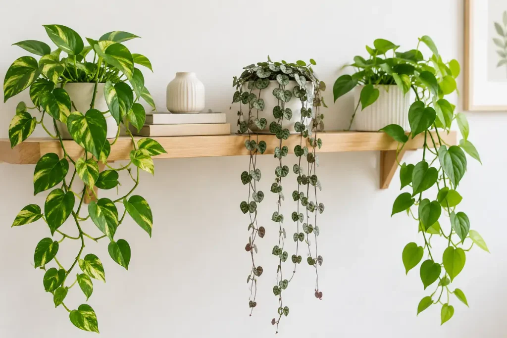 Indoor Plants on a Shelf featuring trailing plants cascading beautifully from a minimalist wooden shelf.
