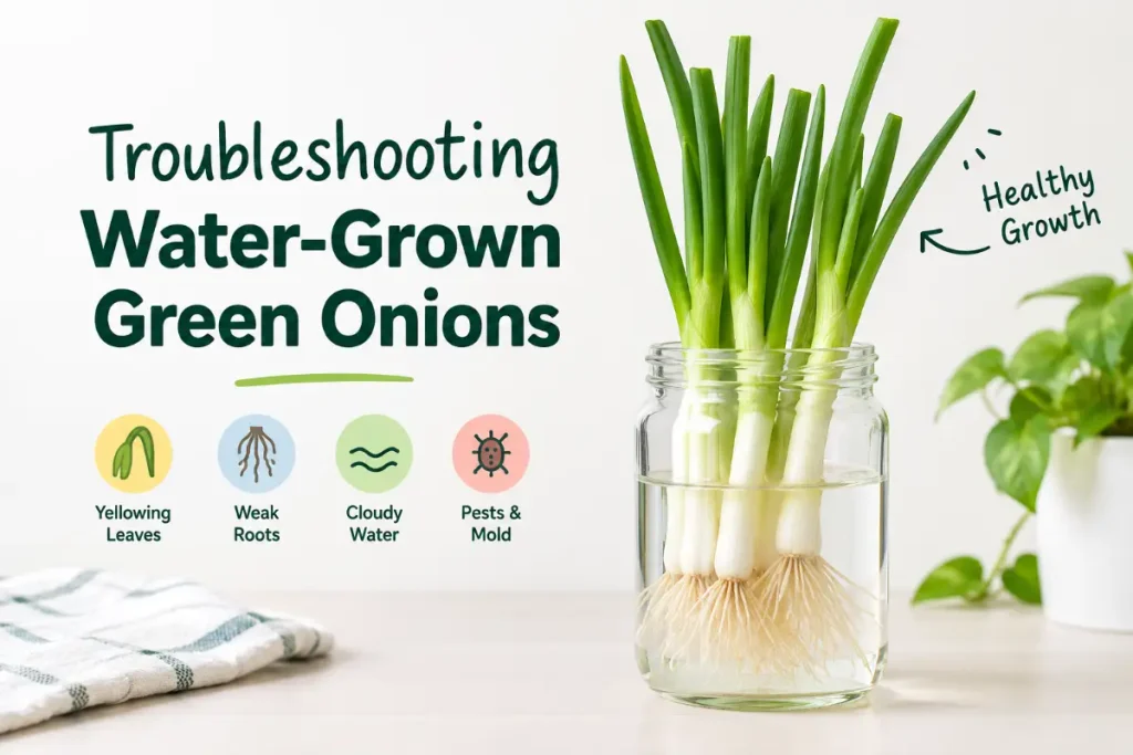 Growing green onions indoors: troubleshooting water-grown green onions for healthy roots and fresh regrowth.