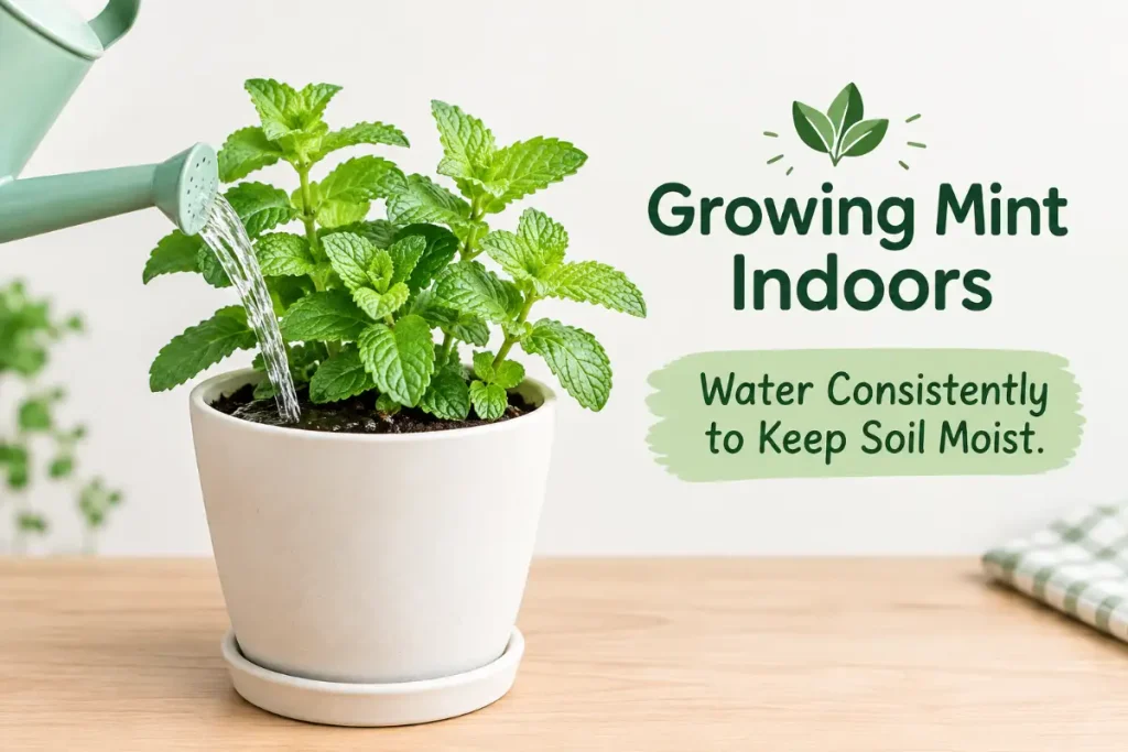 Growing Mint Indoors with consistent watering to keep soil moist