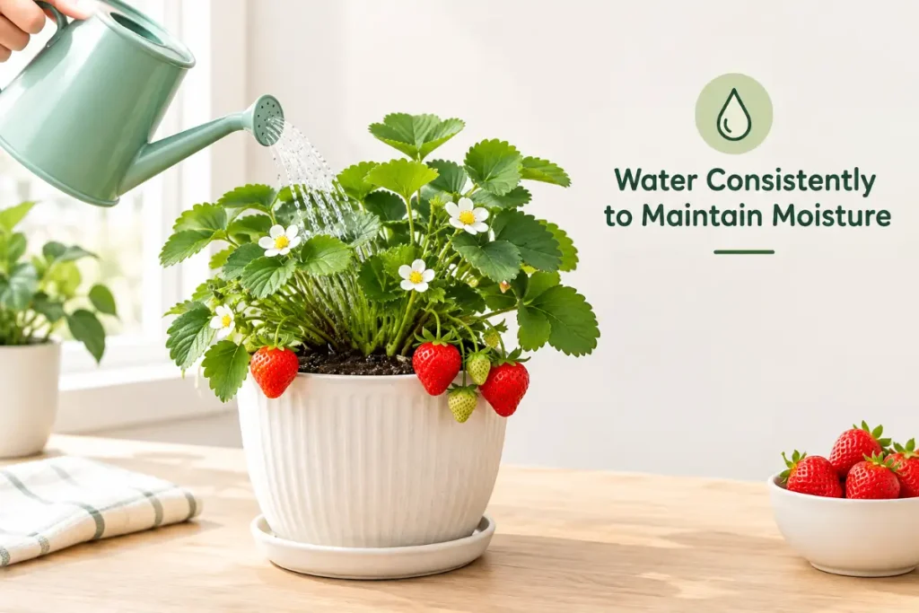 How to Grow a Strawberry Plant Indoors by watering consistently to maintain healthy soil moisture.