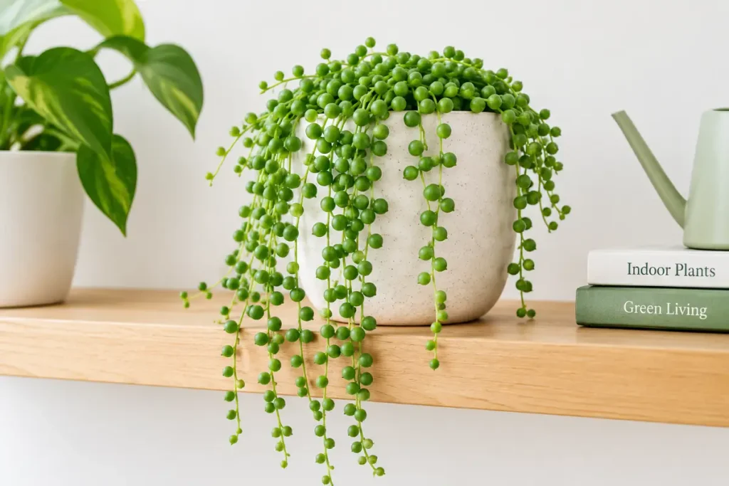 Indoor Plants on a Shelf featuring a cascading String of Pearls (Senecio rowleyanus) plant.