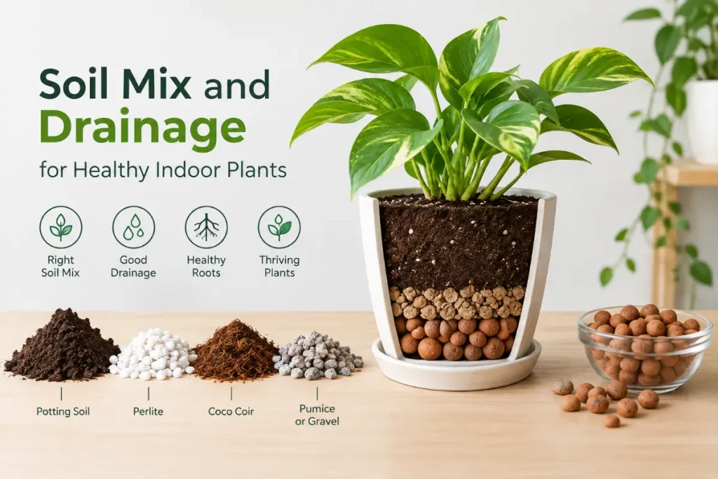 Drainage for Indoor Plants with a healthy soil mix and proper drainage