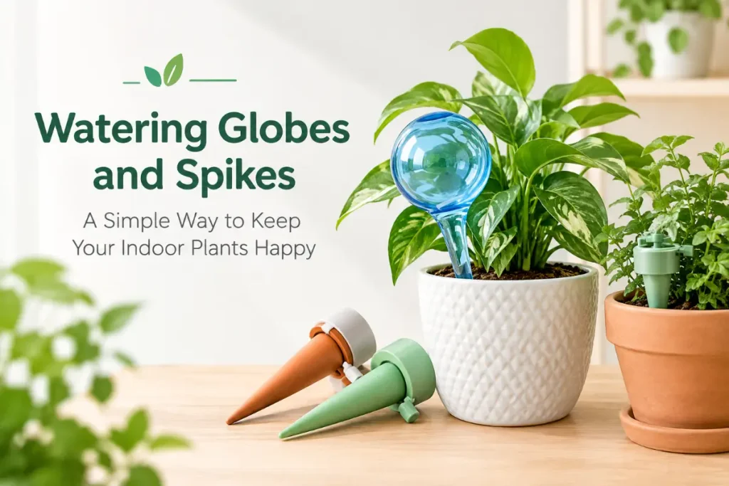 Watering Tools for Indoor Plants with watering globes and spikes.